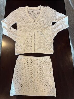 White Crochet Knit Mini Skirt and Cardigan Set with shell buttons on tops